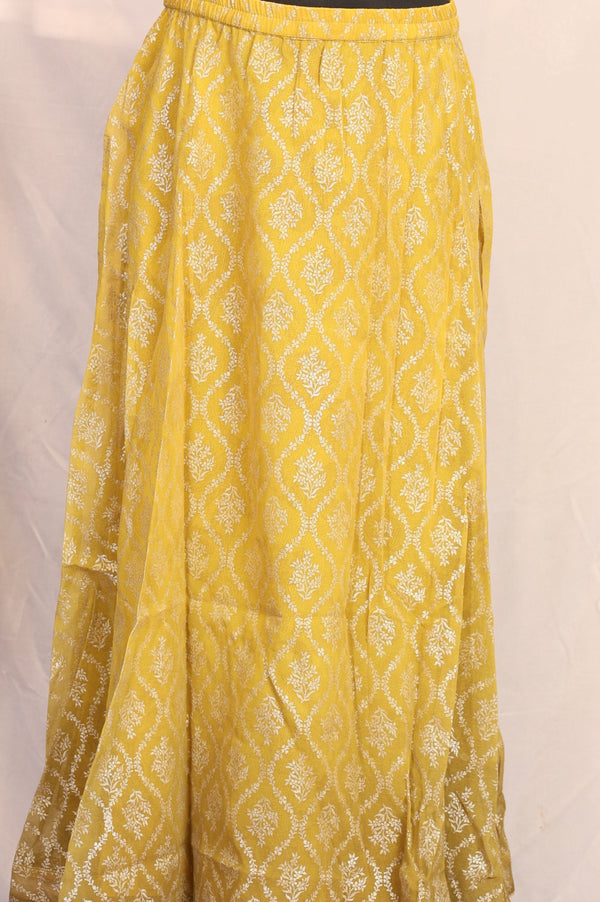 Yellow embellished Chiffon Sleeveless Crop Top and Lehenega Set with Dupatta