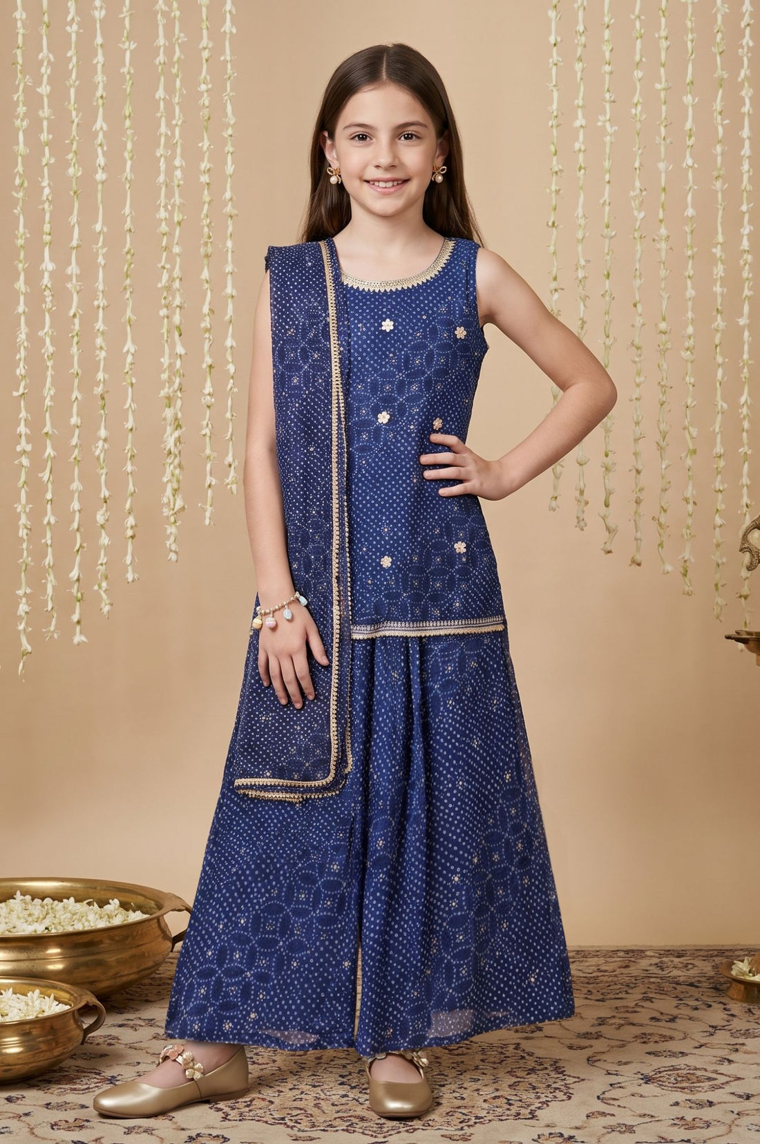 Navy Blue Bandhani Georgette Straight Kurta Palazzo &amp; Dupatta Set with Sequin Work