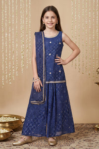 Navy Blue Bandhani Georgette Straight Kurta Palazzo &amp; Dupatta Set with Sequin Work