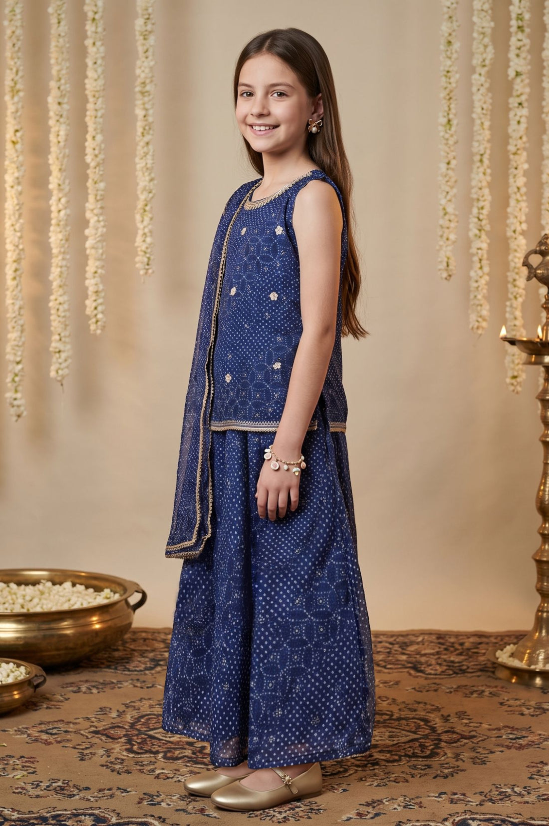 Navy Blue Bandhani Georgette Straight Kurta Palazzo &amp; Dupatta Set with Sequin Work