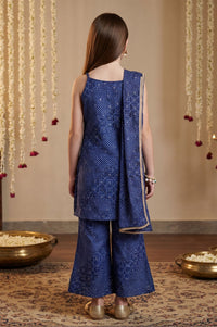 Navy Blue Bandhani Georgette Straight Kurta Palazzo &amp; Dupatta Set with Sequin Work