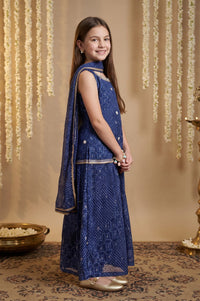 Navy Blue Bandhani Georgette Straight Kurta Palazzo &amp; Dupatta Set with Sequin Work