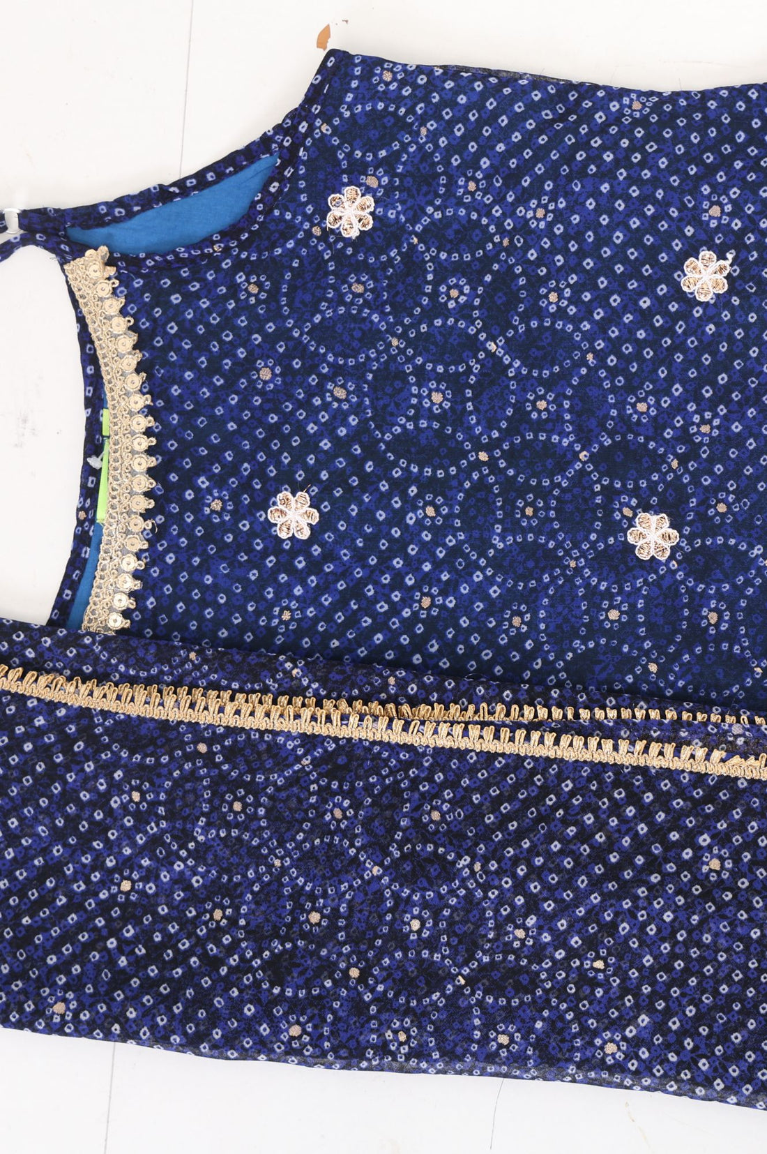Navy Blue Bandhani Georgette Straight Kurta Palazzo &amp; Dupatta Set with Sequin Work