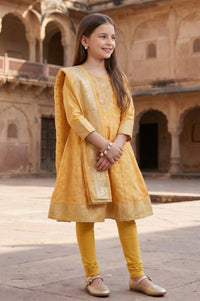 Mustard Jacquard Embroidered Flared Kurta with Legging and Dupatta Set