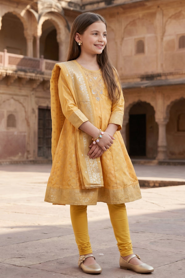 Mustard Jacquard Embroidered Flared Kurta with Legging and Dupatta Set