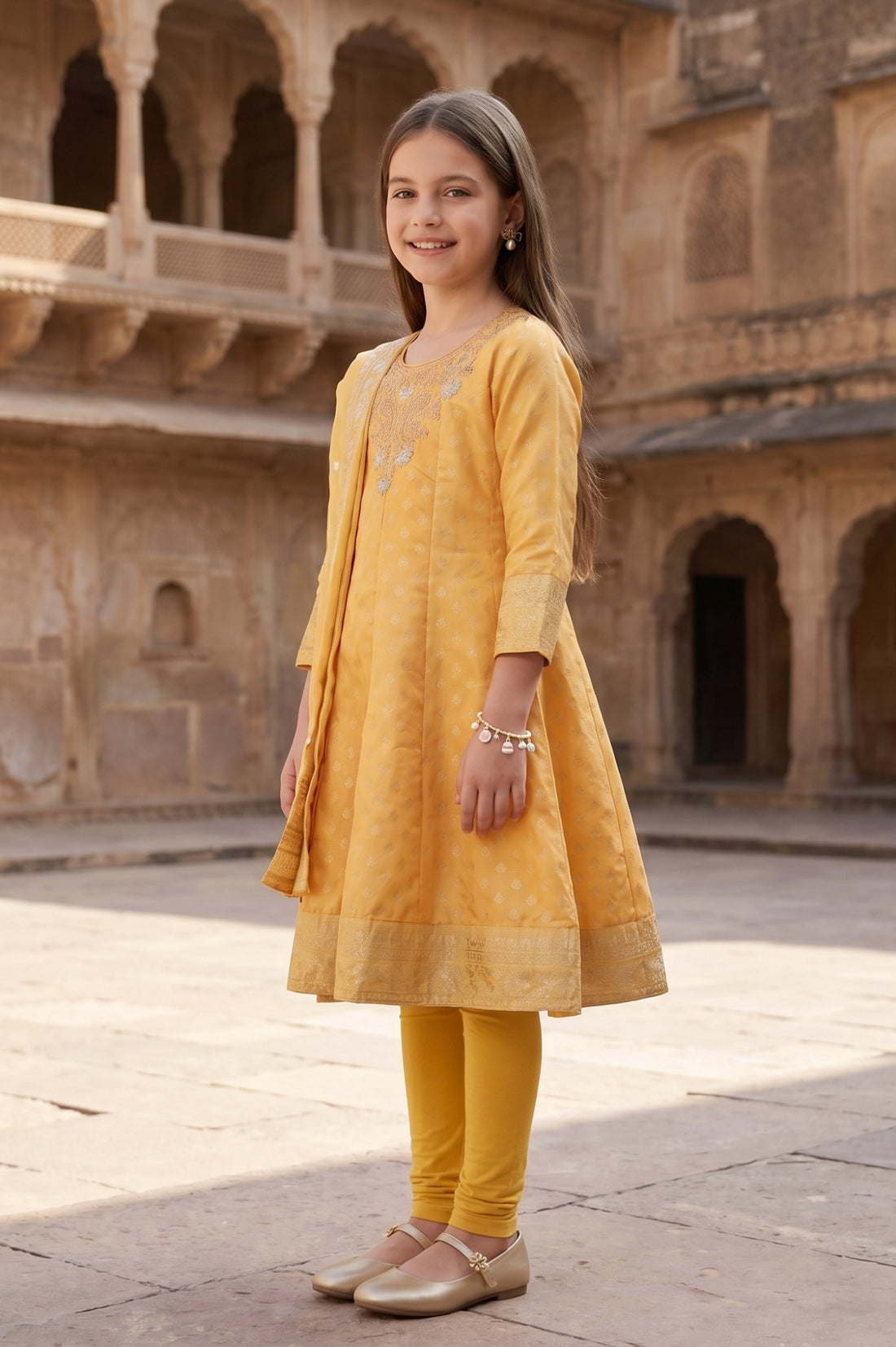 Mustard Jacquard Embroidered Flared Kurta with Legging and Dupatta Set