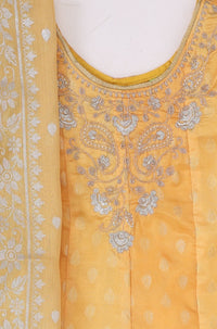 Mustard Jacquard Embroidered Flared Kurta with Legging and Dupatta Set
