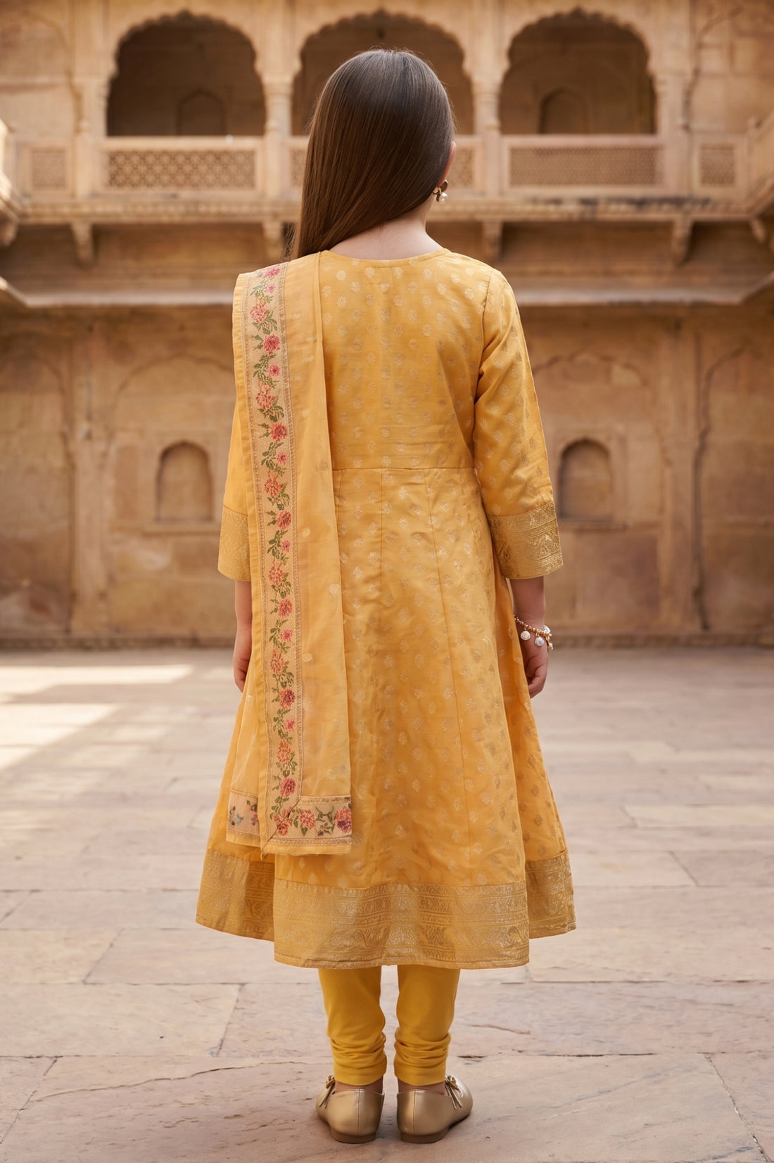 Mustard Jacquard Embroidered Flared Kurta with Legging and Dupatta Set