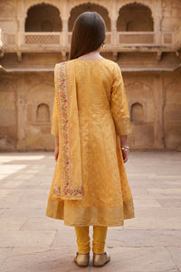Mustard Jacquard Embroidered Flared Kurta with Legging and Dupatta Set