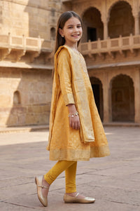 Mustard Jacquard Embroidered Flared Kurta with Legging and Dupatta Set