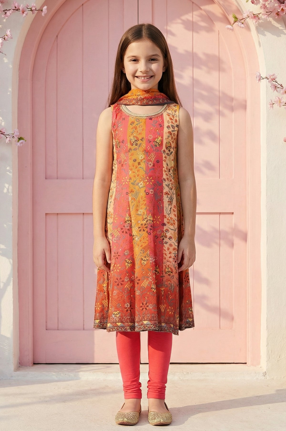 Girls' Multicolor Floral Printed Sleeveless Anarkali Kurta with Leggings and Dupatta Set - S