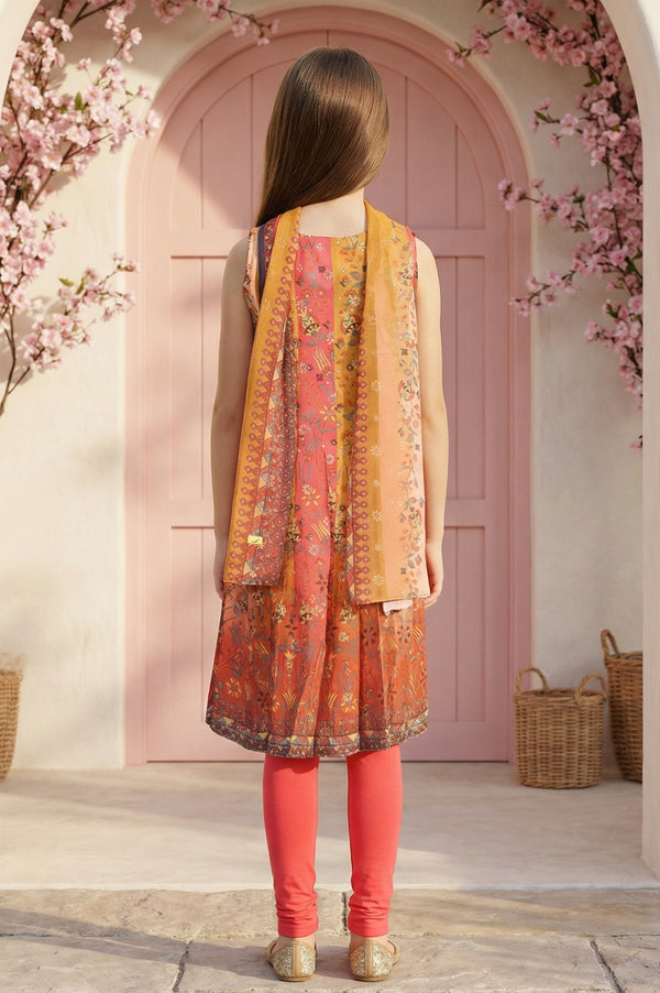 Girls' Multicolor Floral Printed Sleeveless Anarkali Kurta with Leggings and Dupatta Set