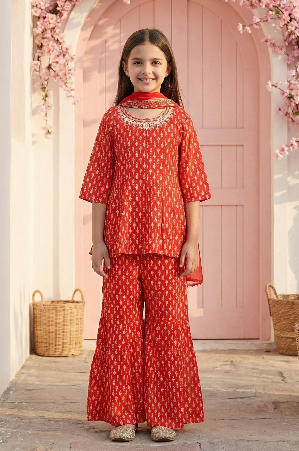 Girls' Red Ethnic Motifs Embroidered Georgette Straight Kurta with Sharara and Dupatta Set - S