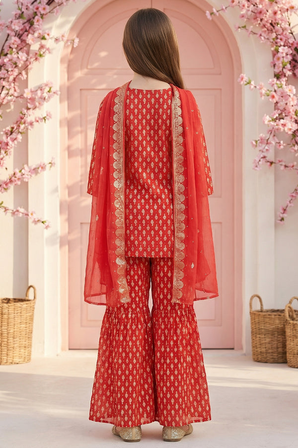 Girls' Red Ethnic Motifs Embroidered Georgette Straight Kurta with Sharara and Dupatta Set