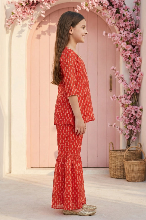 Girls' Red Ethnic Motifs Embroidered Georgette Straight Kurta with Sharara and Dupatta Set