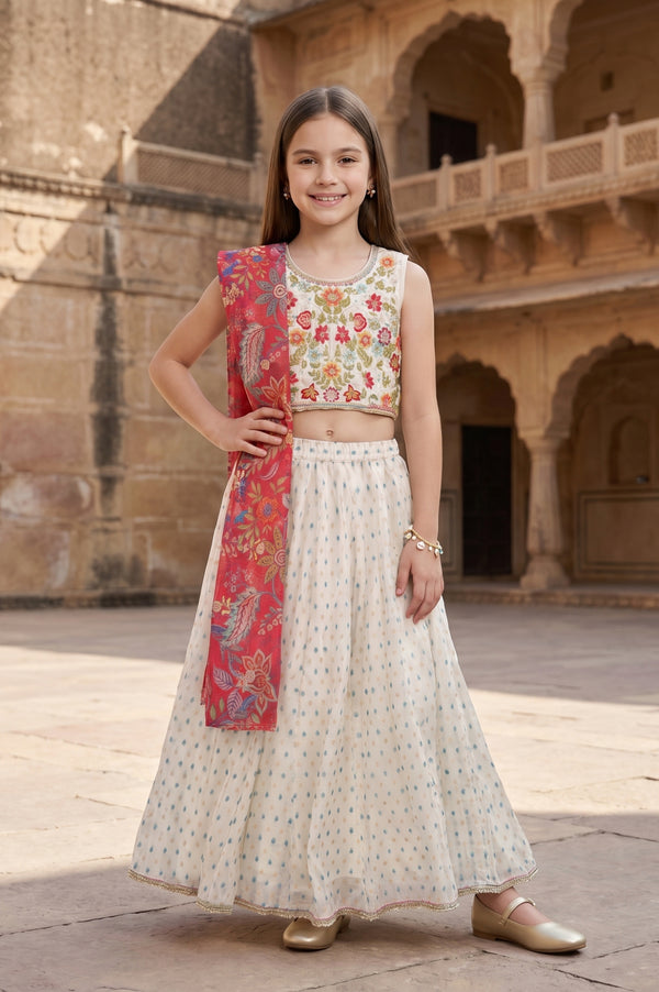 Cream Embroidered Chanderi Sleeveless Crop Top And Lehenga Set with Dupatta