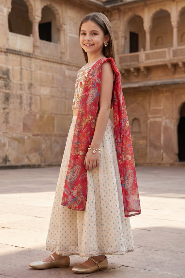 Cream Embroidered Chanderi Sleeveless Crop Top And Lehenga Set with Dupatta