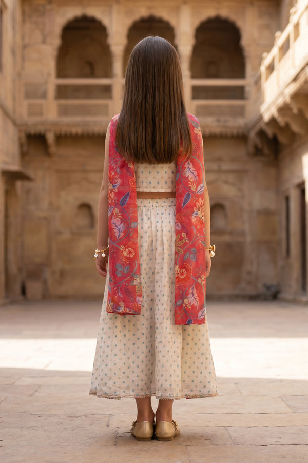 Cream Embroidered Chanderi Sleeveless Crop Top And Lehenga Set with Dupatta