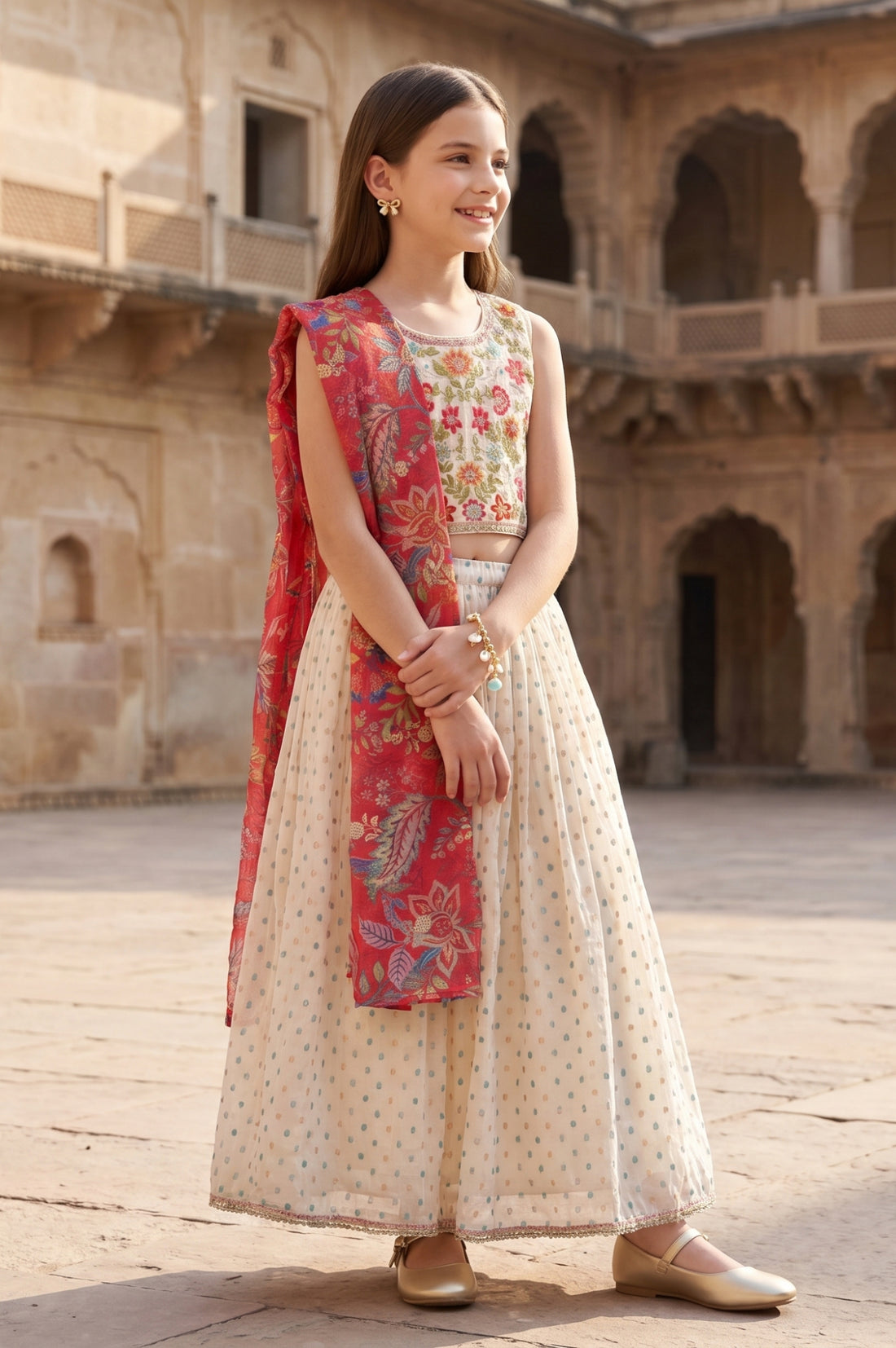 Cream Embroidered Chanderi Sleeveless Crop Top And Lehenga Set with Dupatta