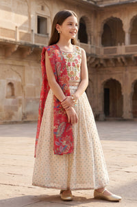 Cream Embroidered Chanderi Sleeveless Crop Top And Lehenga Set with Dupatta