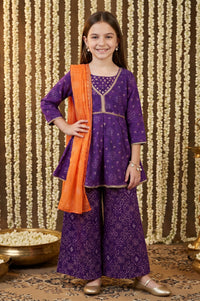 Purple Bandhani Zari Embroidered Chanderi Flared Kurta with Palazzo and Dupatta Set