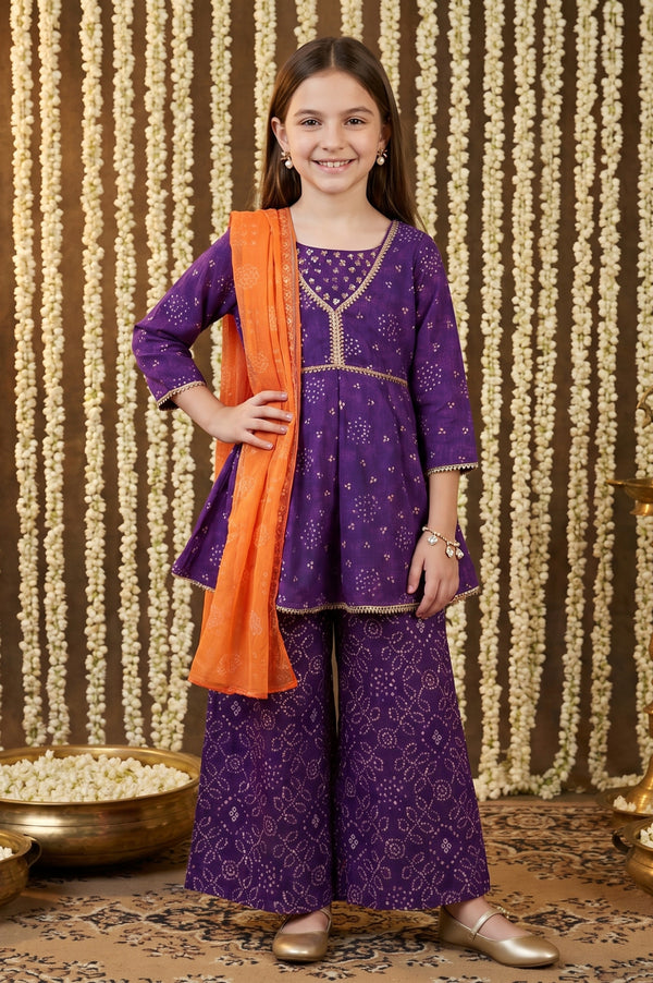 Purple Bandhani Zari Embroidered Chanderi Flared Kurta with Palazzo and Dupatta Set