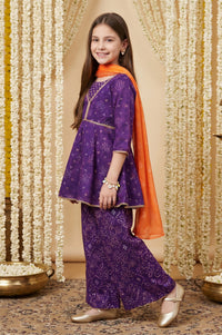 Purple Bandhani Zari Embroidered Chanderi Flared Kurta with Palazzo and Dupatta Set