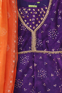 Purple Bandhani Zari Embroidered Chanderi Flared Kurta with Palazzo and Dupatta Set