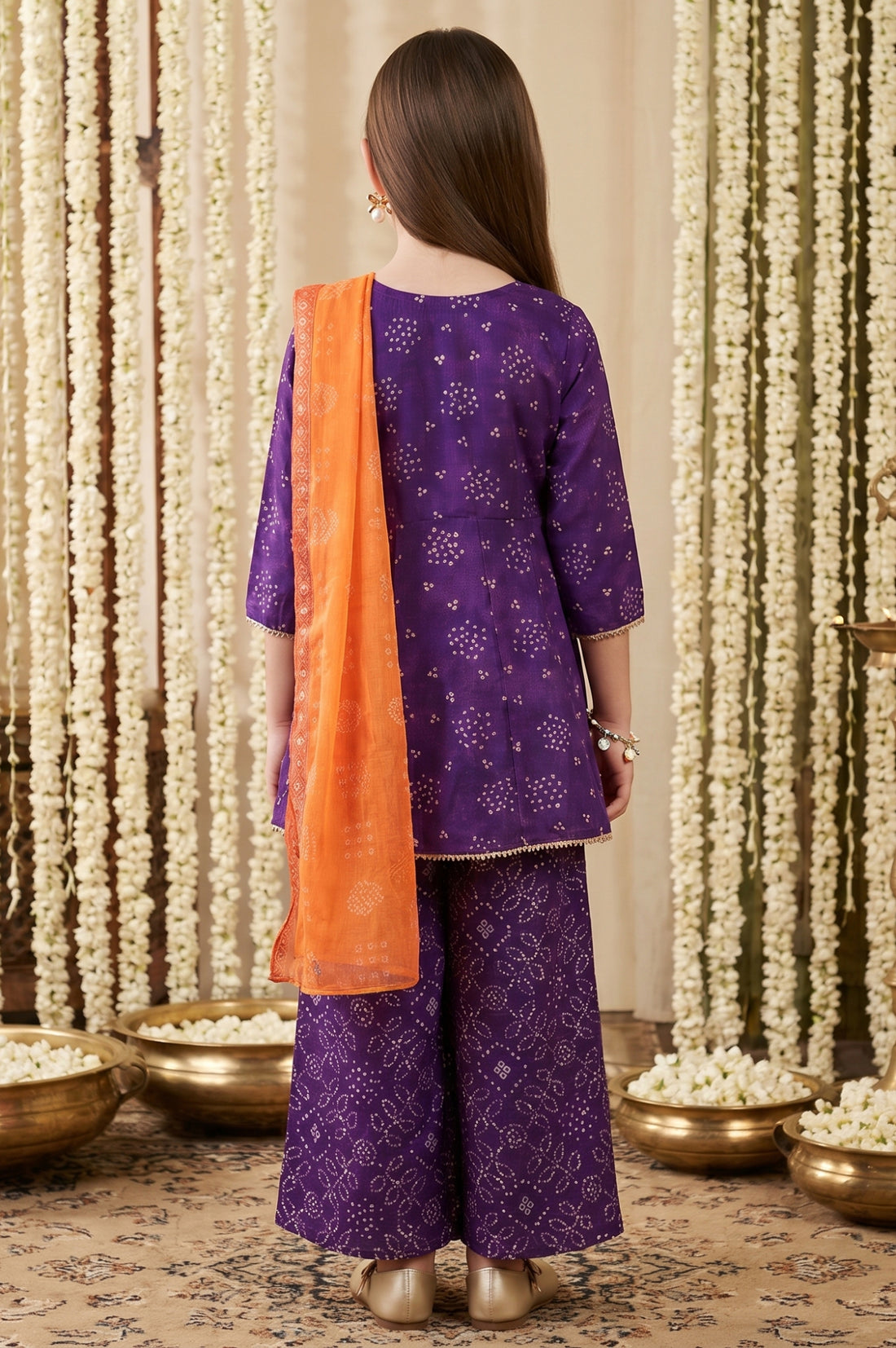 Purple Bandhani Zari Embroidered Chanderi Flared Kurta with Palazzo and Dupatta Set