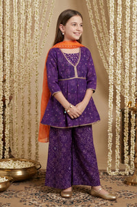Purple Bandhani Zari Embroidered Chanderi Flared Kurta with Palazzo and Dupatta Set
