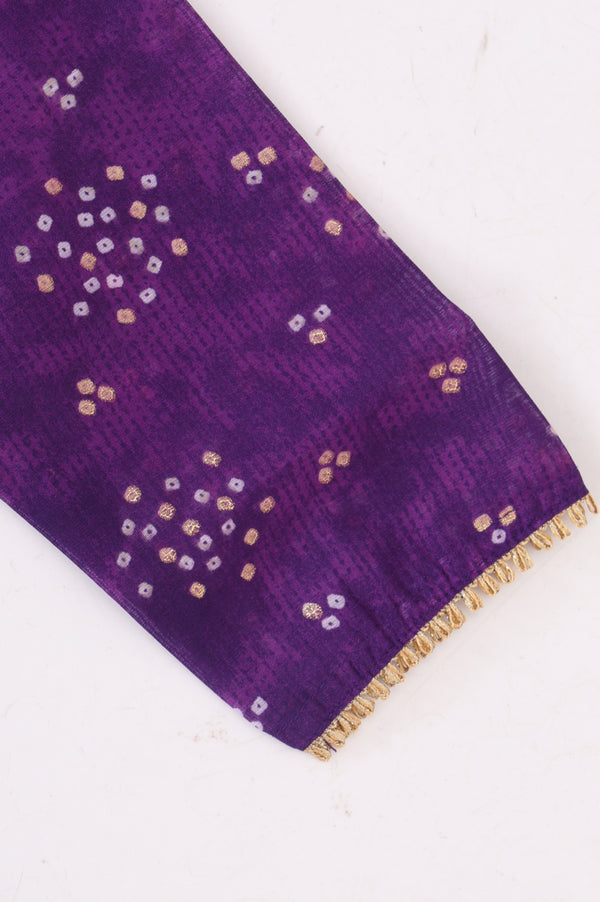 Purple Bandhani Zari Embroidered Chanderi Flared Kurta with Palazzo and Dupatta Set