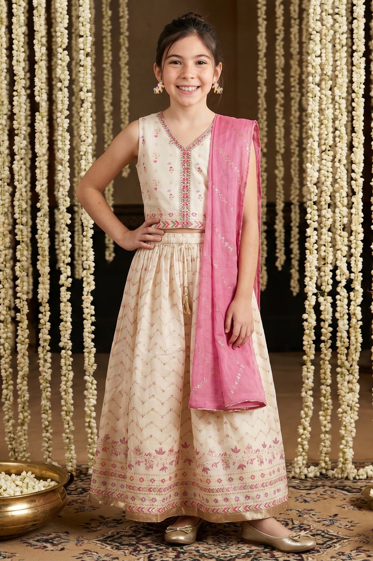 Cream Floral Printed Beadwork Sleeveless Crop Top And Lehenga Set with Dupatta - S
