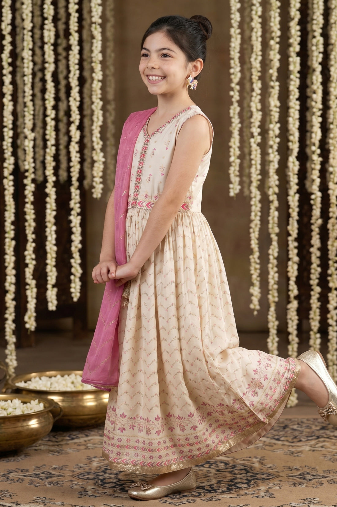 Cream Floral Printed Beadwork Sleeveless Crop Top And Lehenga Set with Dupatta