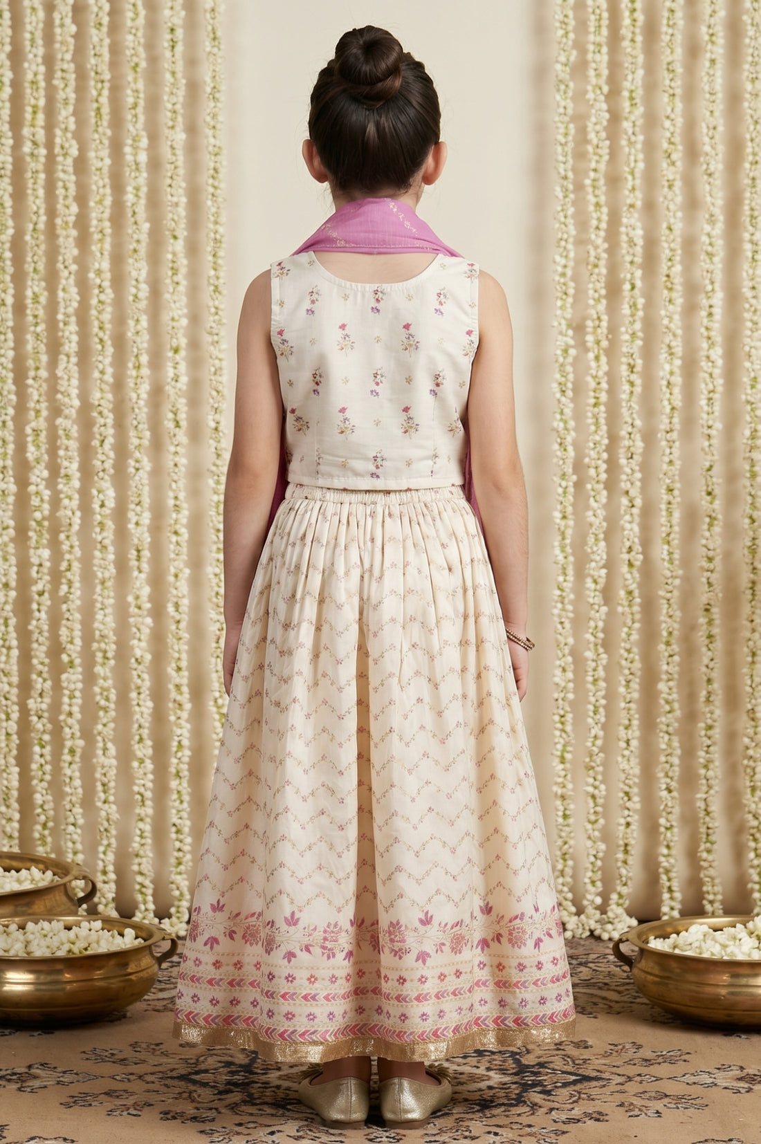 Cream Floral Printed Beadwork Sleeveless Crop Top And Lehenga Set with Dupatta