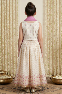 Cream Floral Printed Beadwork Sleeveless Crop Top And Lehenga Set with Dupatta
