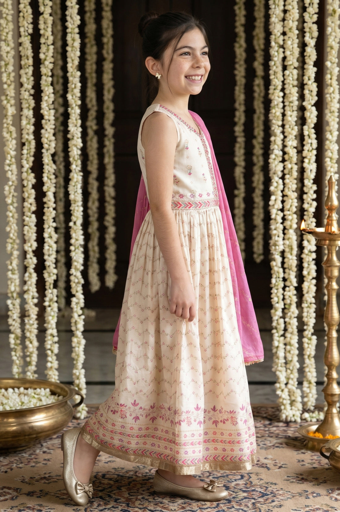 Cream Floral Printed Beadwork Sleeveless Crop Top And Lehenga Set with Dupatta