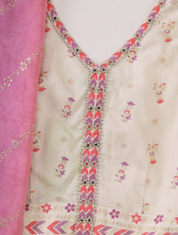 Cream Floral Printed Beadwork Sleeveless Crop Top And Lehenga Set with Dupatta