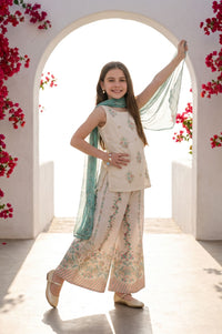 Off White Mirror Work Embroidered Yarn Dyed Sleeveless Straight Kurta with Palazzo and Dupatta Set