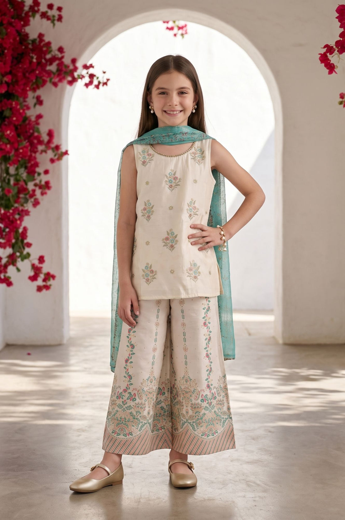 Off White Mirror Work Embroidered Yarn Dyed Sleeveless Straight Kurta with Palazzo and Dupatta Set