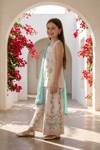 Off White Mirror Work Embroidered Yarn Dyed Sleeveless Straight Kurta with Palazzo and Dupatta Set