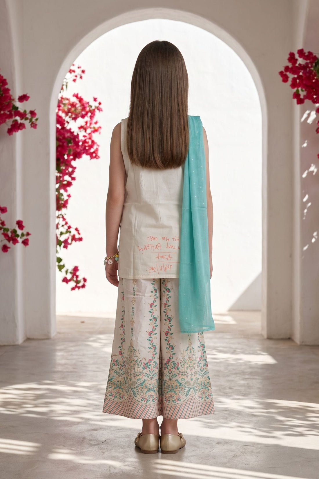 Off White Mirror Work Embroidered Yarn Dyed Sleeveless Straight Kurta with Palazzo and Dupatta Set