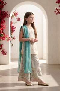 Off White Mirror Work Embroidered Yarn Dyed Sleeveless Straight Kurta with Palazzo and Dupatta Set