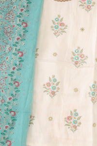 Off White Mirror Work Embroidered Yarn Dyed Sleeveless Straight Kurta with Palazzo and Dupatta Set