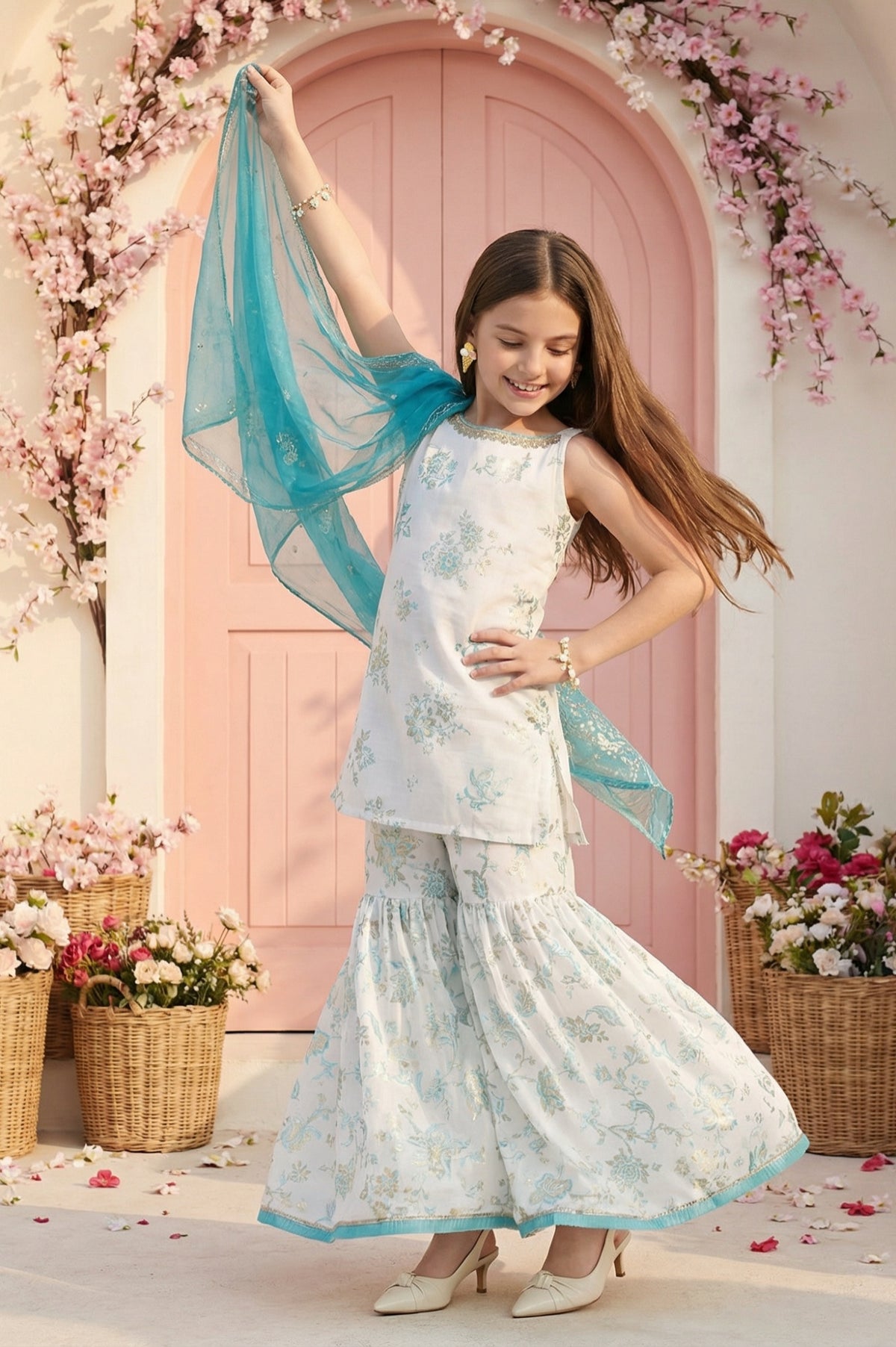 Girls' White Floral Printed Rayon Sleeveless Straight Kurta with Sharara and Dupatta Set - s-1