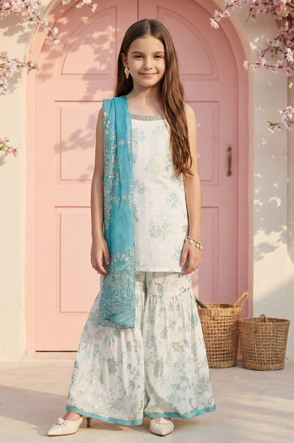 Girls' White Floral Printed Rayon Sleeveless Straight Kurta with Sharara and Dupatta Set