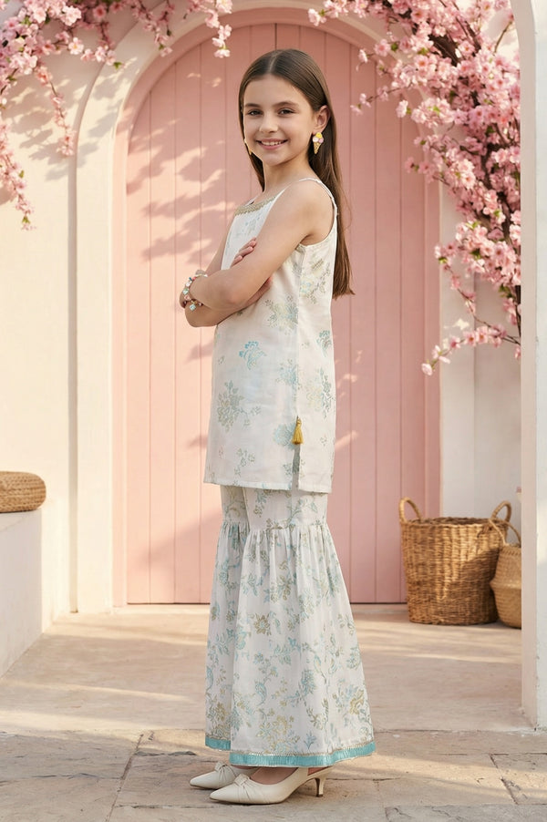 Girls' White Floral Printed Rayon Sleeveless Straight Kurta with Sharara and Dupatta Set