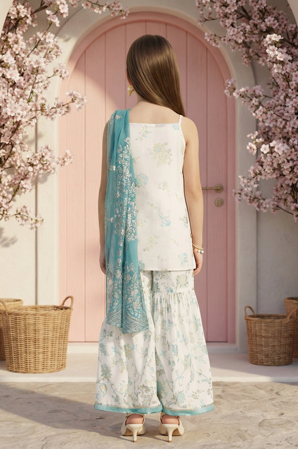 Girls' White Floral Printed Rayon Sleeveless Straight Kurta with Sharara and Dupatta Set