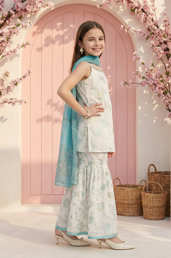 Girls' White Floral Printed Rayon Sleeveless Straight Kurta with Sharara and Dupatta Set