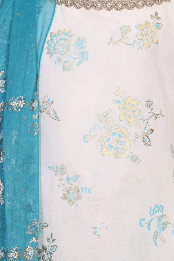 Girls' White Floral Printed Rayon Sleeveless Straight Kurta with Sharara and Dupatta Set