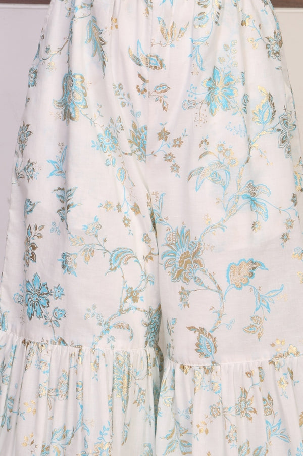 Girls' White Floral Printed Rayon Sleeveless Straight Kurta with Sharara and Dupatta Set